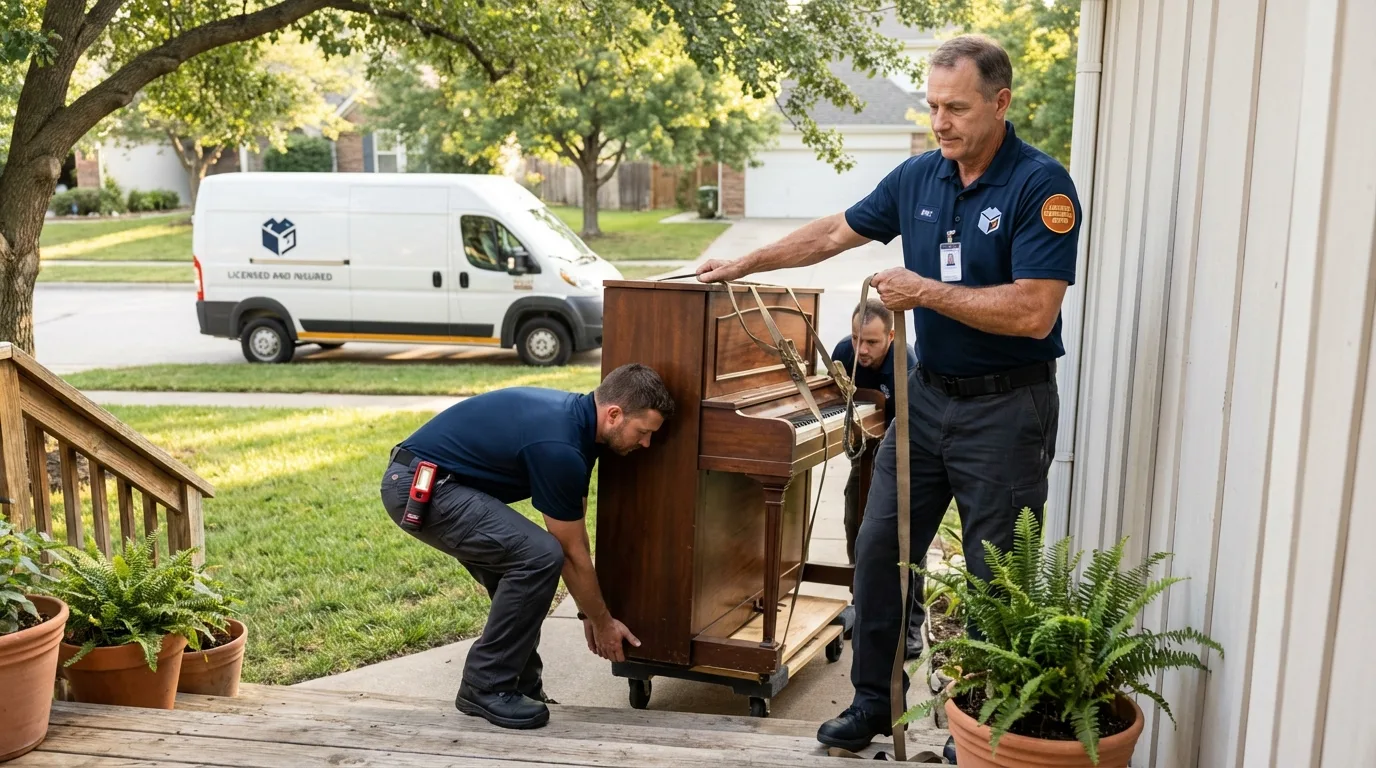 Licensed piano movers securing grand piano in Augusta, ME