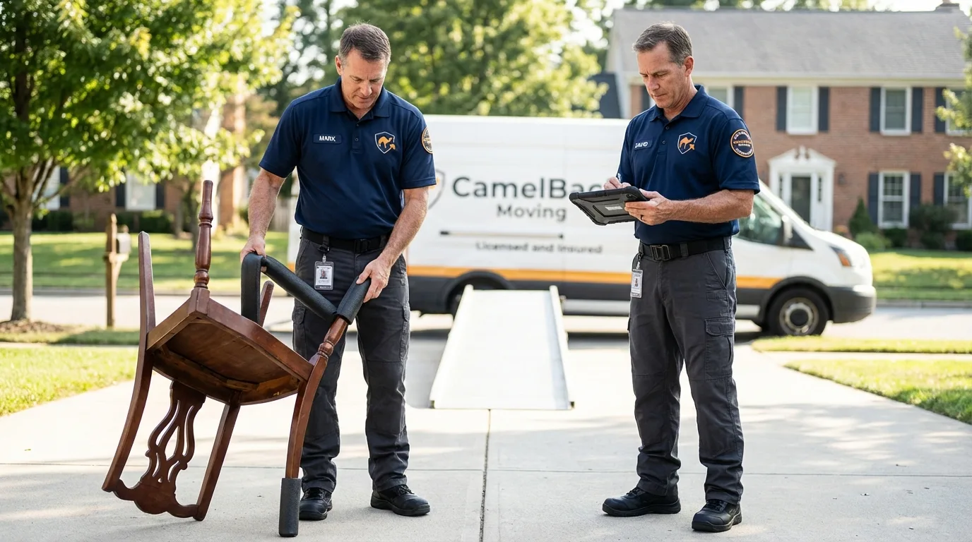 Movers inspecting furniture for damage prevention before loading in Augusta, ME