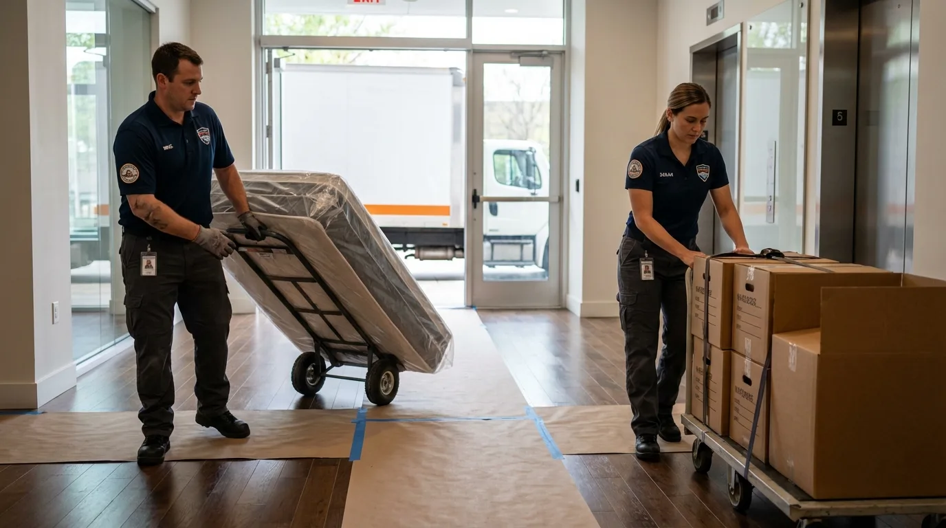 Professional apartment movers loading elevator in Augusta, ME